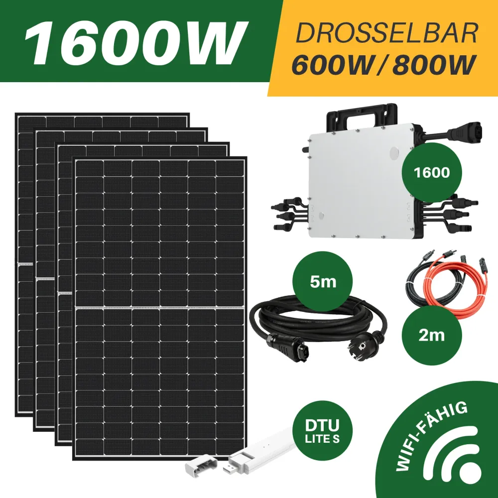 Balkonová elektrárna 1600W připravená k zapojení, 4x 420W solární moduly + Hoymiles HMS1600 včetně DTU, včetně dopravy