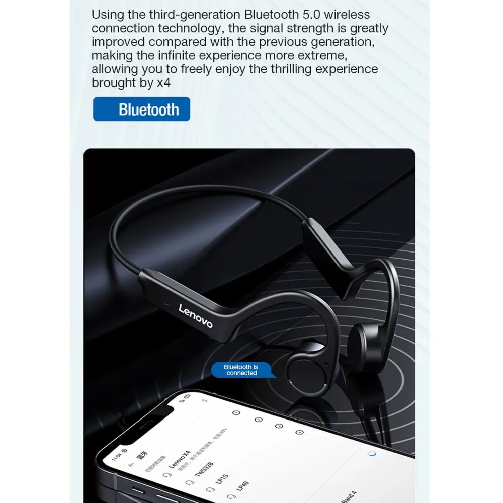 Lenovo X4 sluchátka s kostní vodivostí Bluetooth 5.0 vodotěsná (černá)