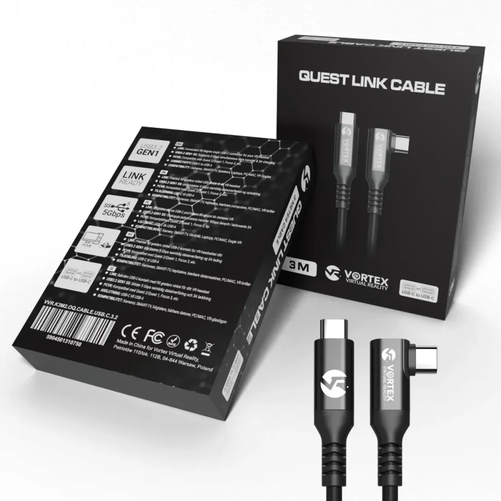 Kabel VortexVR 3 m + upevňovací prvek | USB-C | pro Quest 3 Quest 3S Quest 2