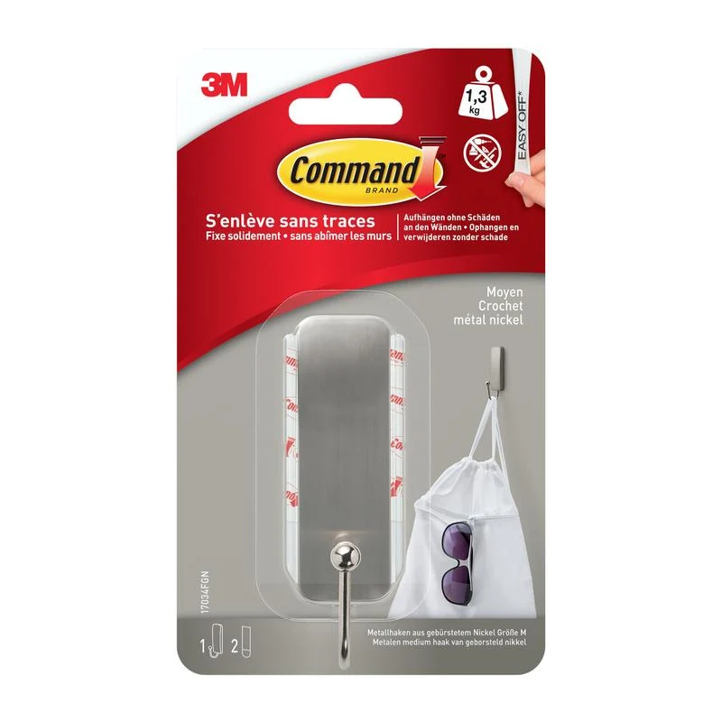 Medium -sized Command ™ metal hook satin-brushed nickel, 17034, 1 hook, 2 strips | Pack (1 piece)